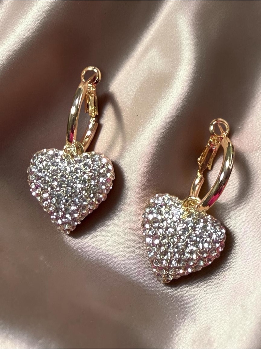 14k Gold Plated Hoop Heart Cubic ZirconiaDrop Earrings - Sparkling Silver Hearts